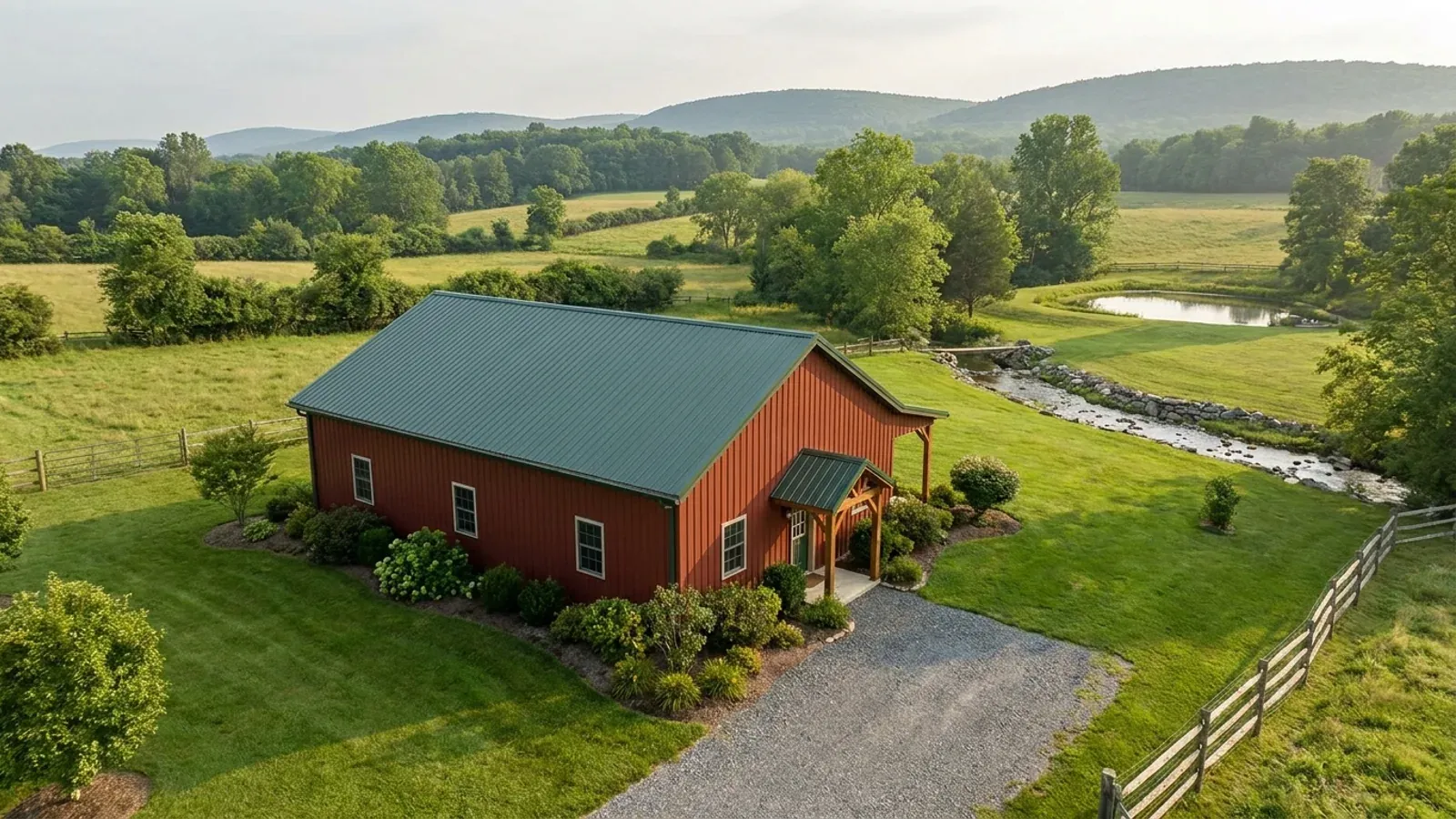 A compact 30x40 barndominium sized like a starter home or cabin, with a covered entry porch and no large shop bay.