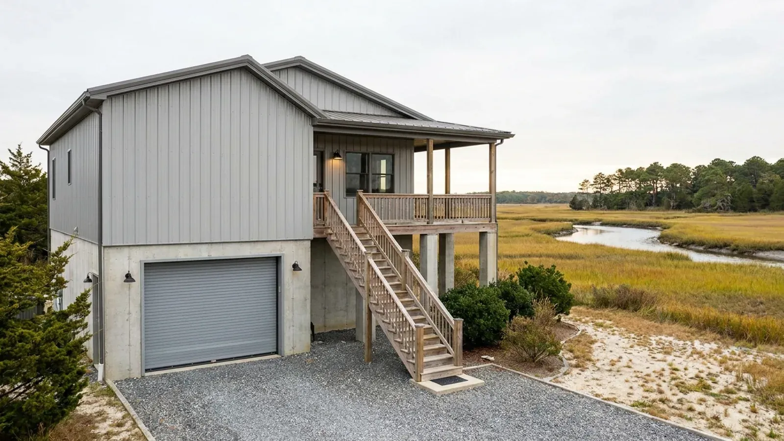 A barndominium raised on a stem-wall foundation with steps up to the entry, set beside a flat salt marsh with a tidal creek and a line of pines.