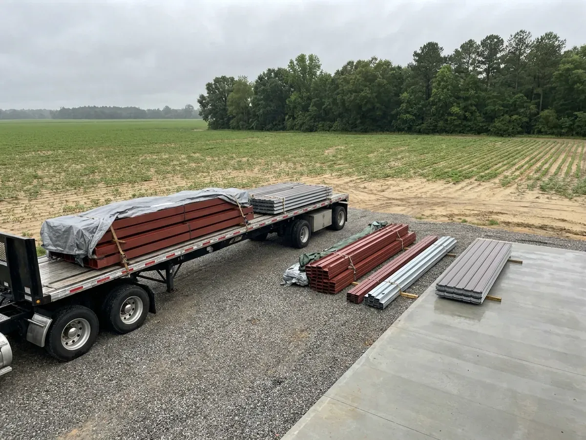 A flatbed truck delivering banded steel frame members and stacked metal roof panels to a building site beside a finished concrete slab, with flat farmland behind.