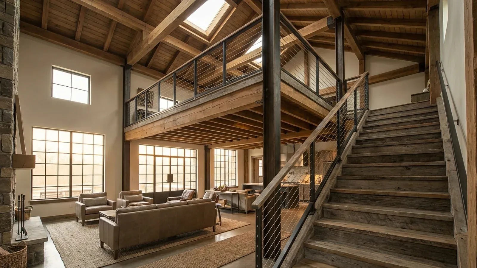 A barndominium great room with an open loft level and railing built over part of the room, reached by an open staircase.