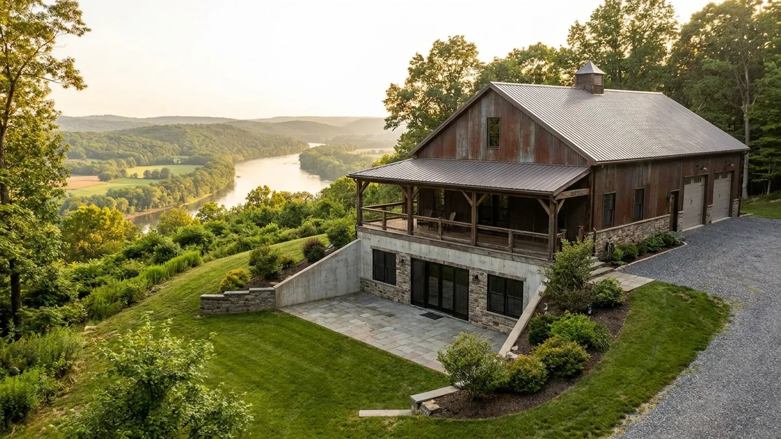 A barndominium with a walkout basement built into a sloping lot above a wooded river valley, the lower level opening onto a patio at grade.