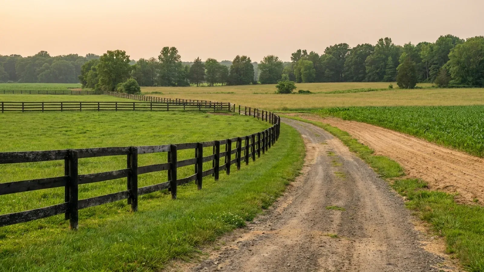 A green paddock with wooden board fencing beside hay and corn fields, bordered by hedgerows of oak, sweetgum and maple.