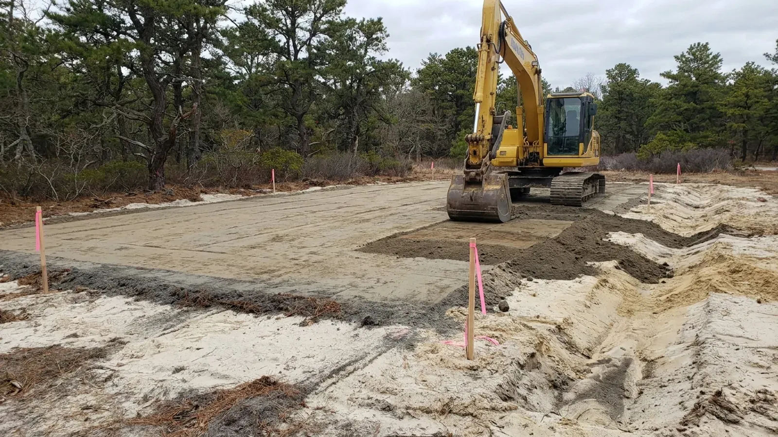 An excavator grading a compacted building pad in pale sandy soil, with survey stakes and a stand of pitch pine and scrub oak behind the lot.