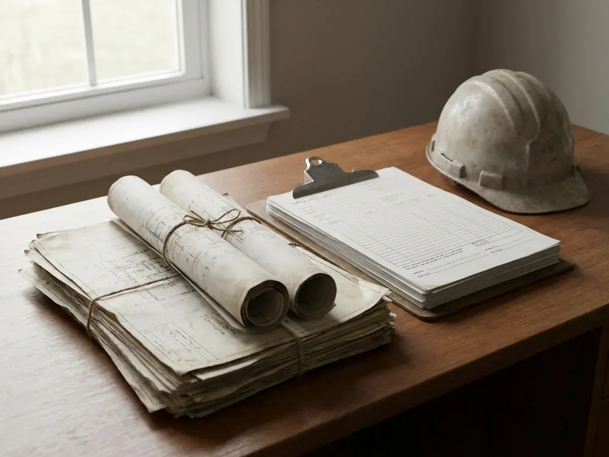 A building permit submittal package on a desk with rolled construction drawings, forms on a clipboard, and a hard hat.