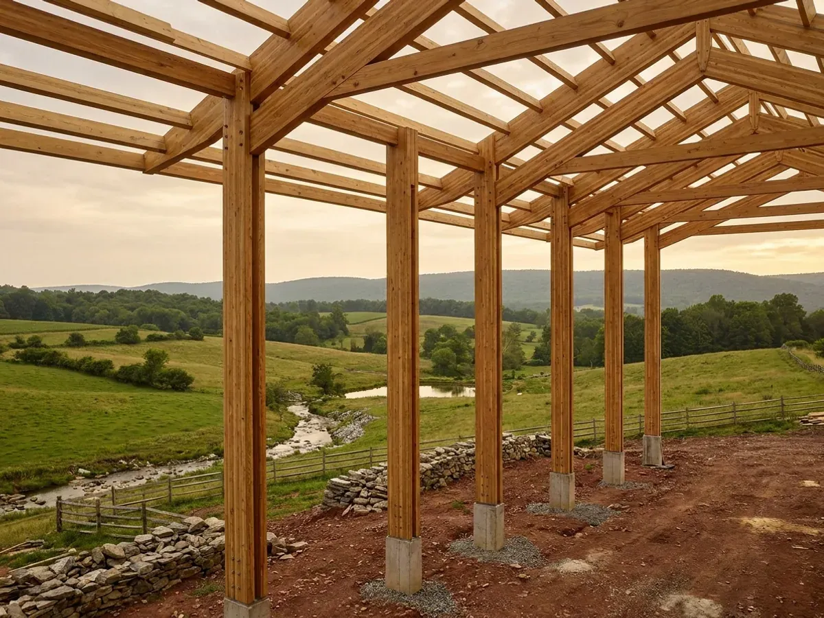 A pole barn home under construction, showing laminated timber columns on concrete piers and wide-span roof trusses with no interior bearing walls.