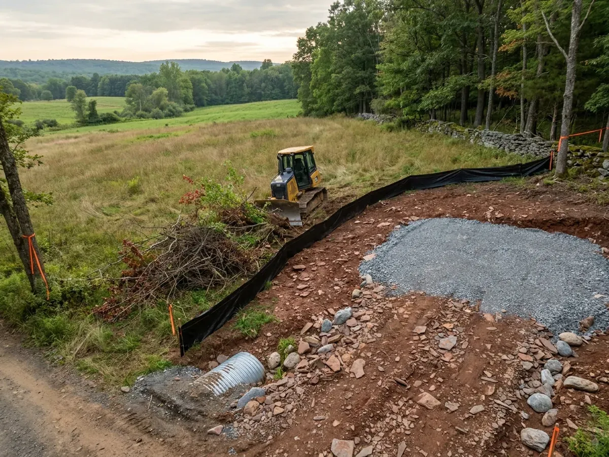 A dozer clearing brush on a rural parcel beside a compacted crushed-stone building pad, with red-brown shaly subsoil exposed in the cut and silt fence along the edge.