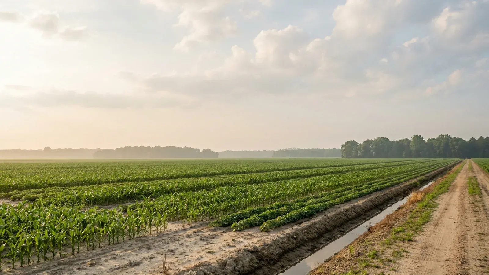 Very flat farmland in long straight rows of vegetables and soybeans on sandy soil, with oak, sweetgum and pine woodlots along the horizon.