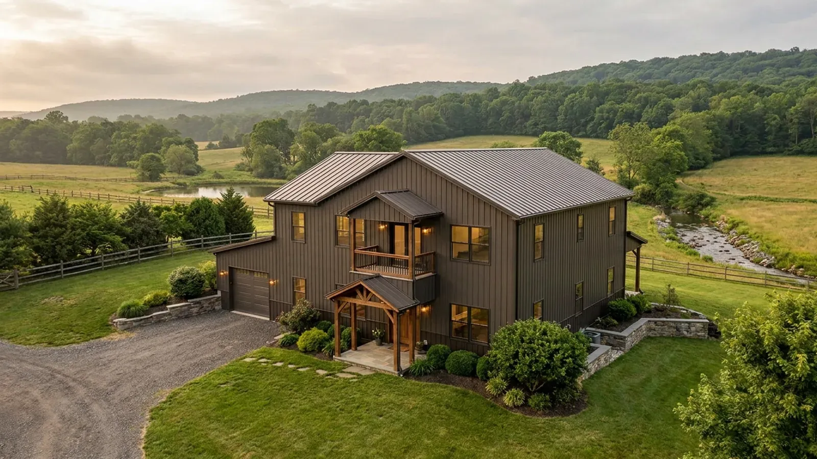 A completed two-story barndominium with visible second-story windows and a small covered balcony above the entry porch.